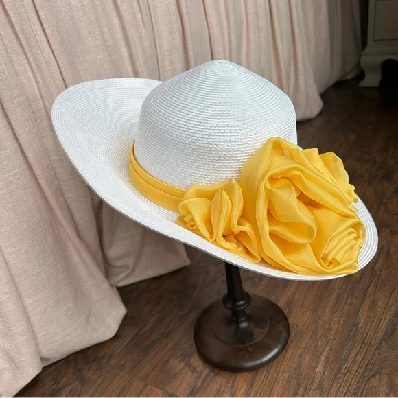 One of a Kind White and Yellow Women's Hat - Picture 2 of 7